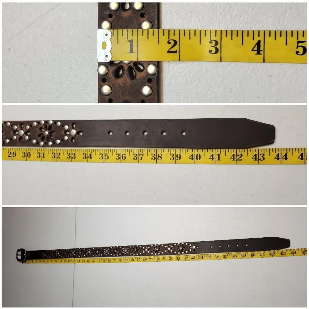 Brown Leather Studded Belt Floral Cutouts Oversized Silver Toned Oval Buckle